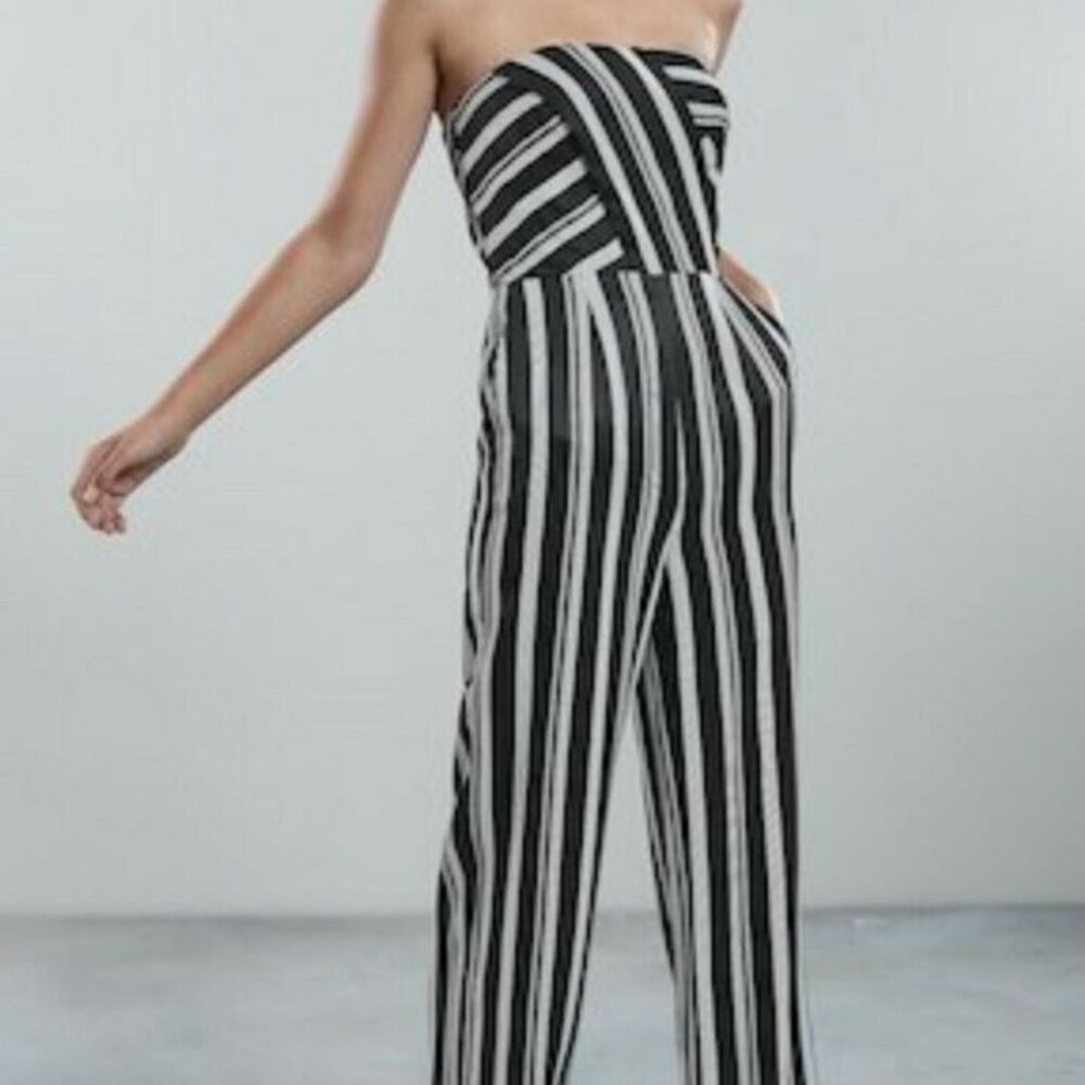 Reiss Vienna Black and White Stripe Satin Strapless Jumpsuit Size 10